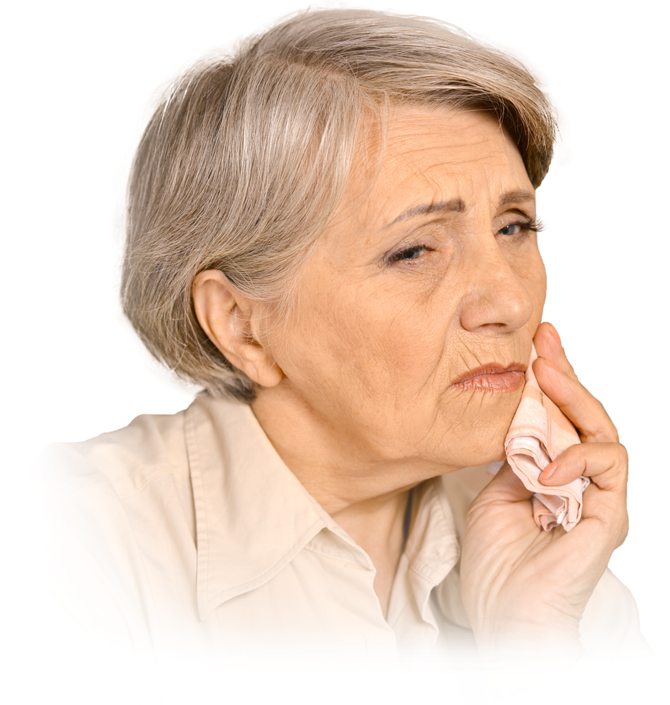 senior woman with tooth pain in need of dentures stabilization Canton, MA